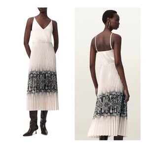AllSaints Ivory Pleated V‑Neck Midi Dress with Black Snake Print